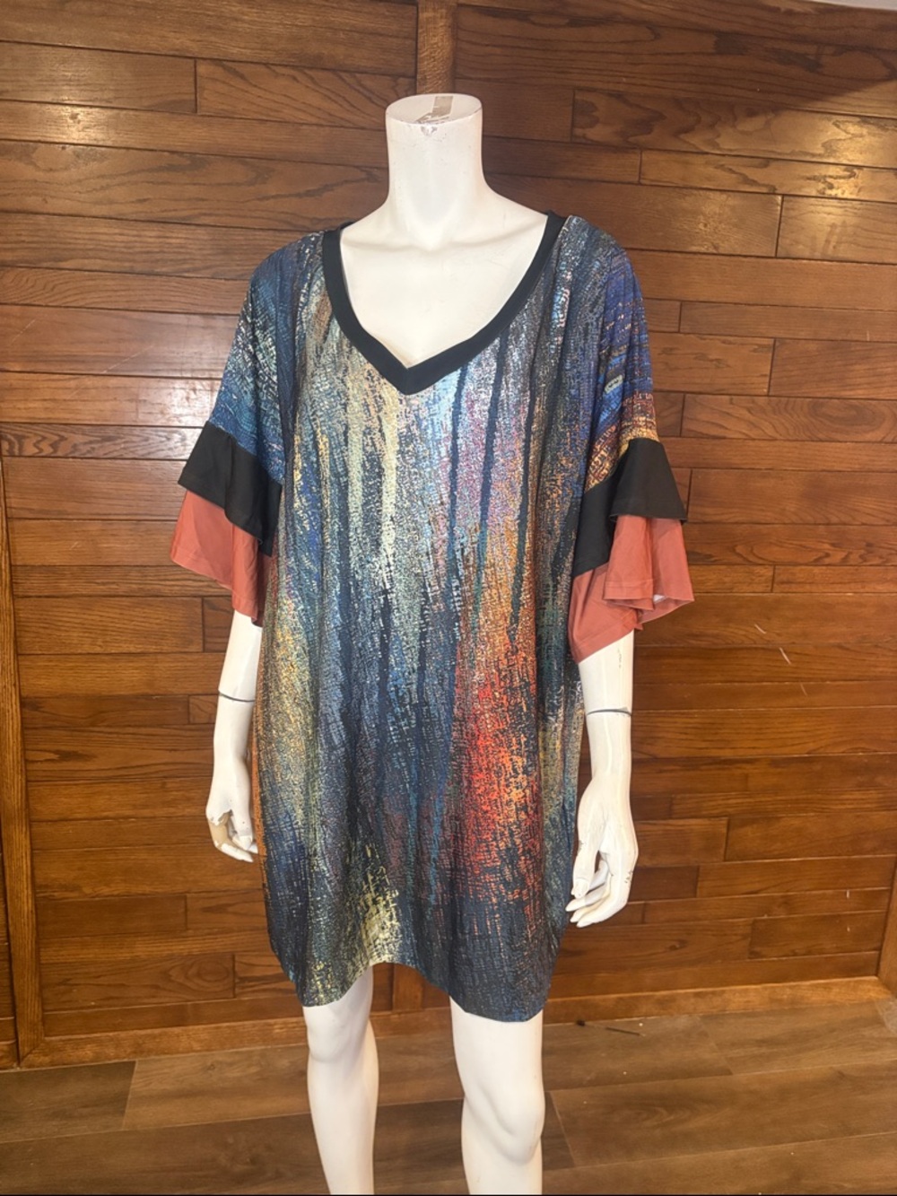 Lily Metallic Brushstroke Shift Tunic in Blue, Gold & Rust